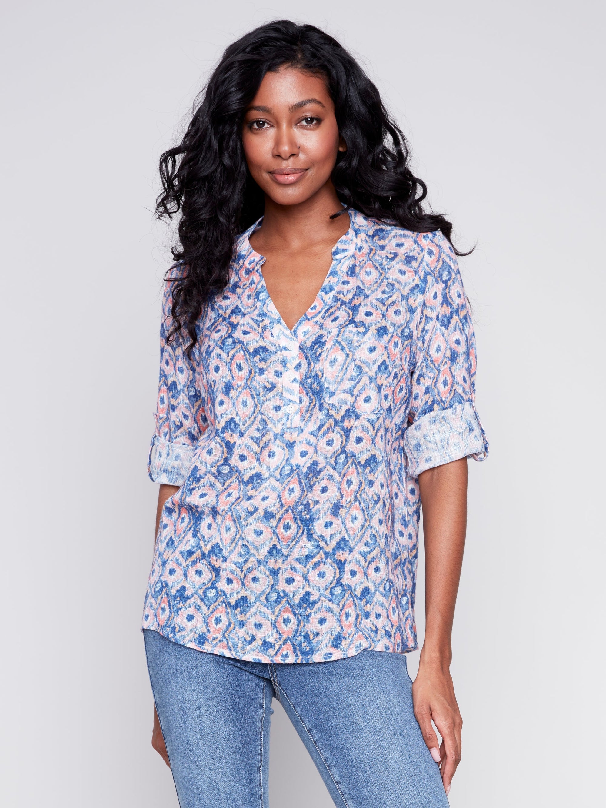 COTTON GAUZE ROLL UP SLEEVE BLOUSE-Tops-CHARLIE B-SMALL-TREASURE-Coriander