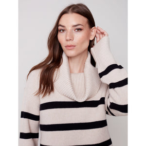 COWL NECK JACQUARD STRIPES SWEATER-Jackets & Sweaters-CHARLIE B-Coriander