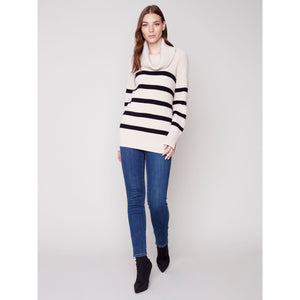 COWL NECK JACQUARD STRIPES SWEATER-Jackets & Sweaters-CHARLIE B-Coriander