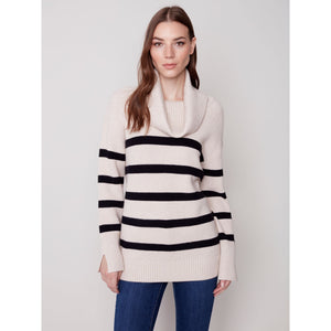 COWL NECK JACQUARD STRIPES SWEATER-Jackets & Sweaters-CHARLIE B-Coriander