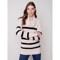 COWL NECK JACQUARD STRIPES SWEATER-Jackets & Sweaters-CHARLIE B-SMALL-HEATHER ALMOND-Coriander