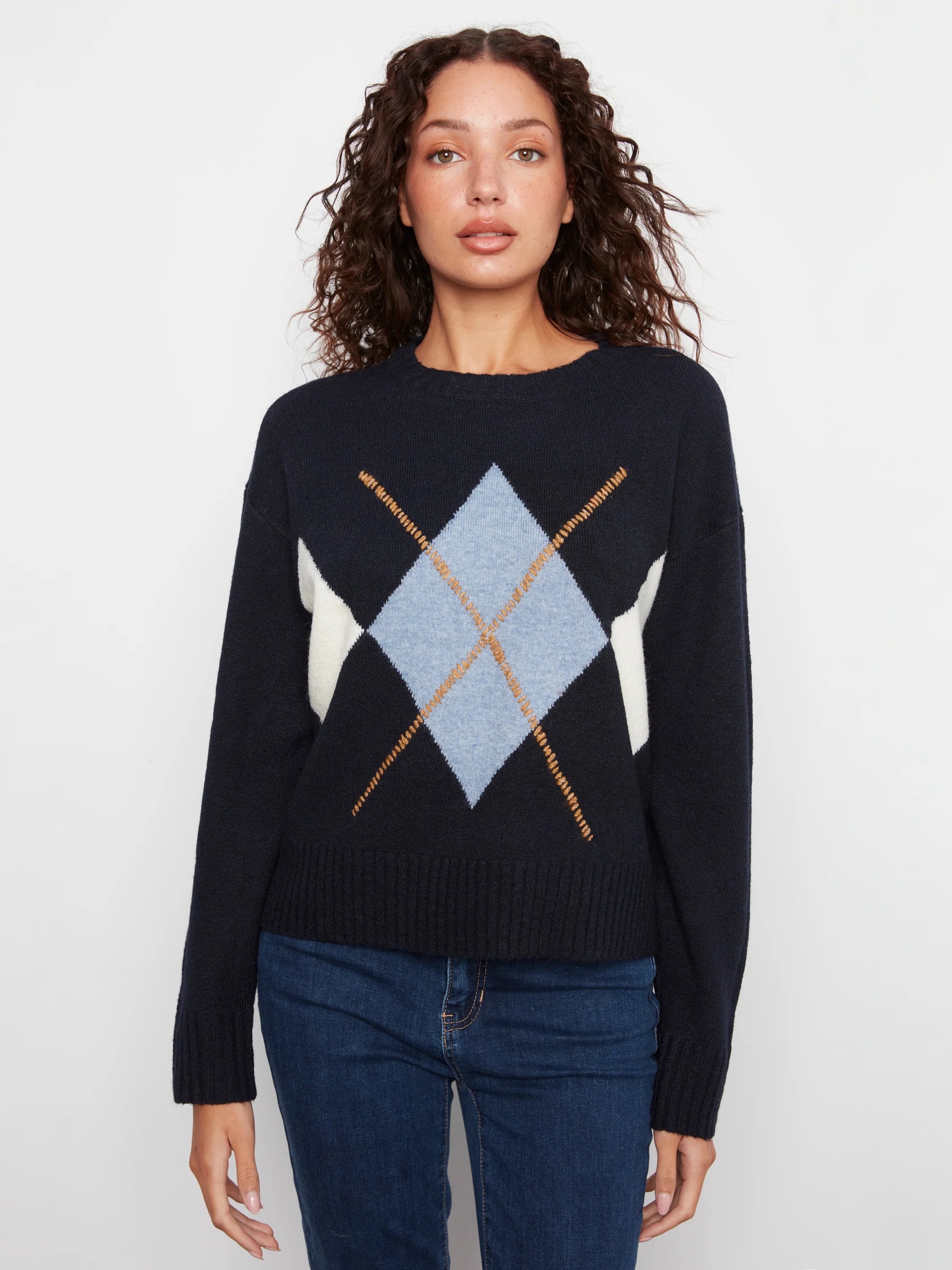 CREW NECK SWEATER | ARGYLE-Jackets & Sweaters-CHARLIE B-Coriander