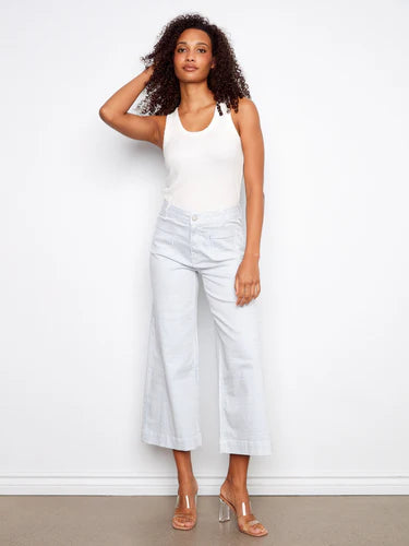 CROP PANTS | STRIPED TWILL FLARE-Bottom-CHARLIE B-2-LINES-Coriander