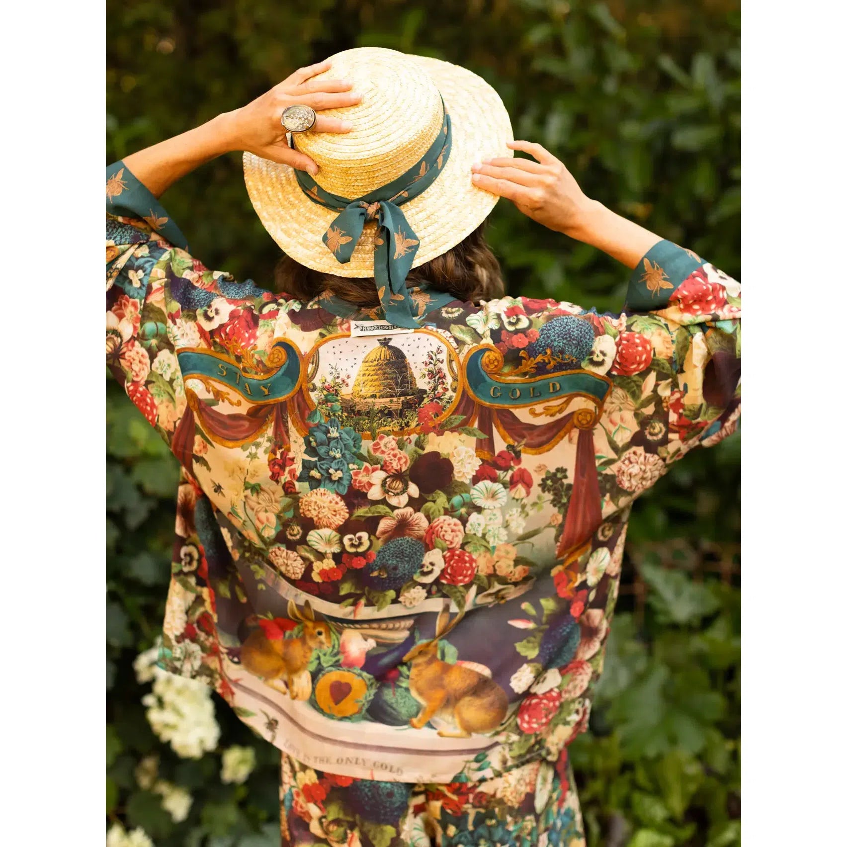 CROPPED KIMONO | STAY GOLD FLORAL W/ RABBIT & BEES-Scarves & Wraps-MARKET OF STARS-Coriander