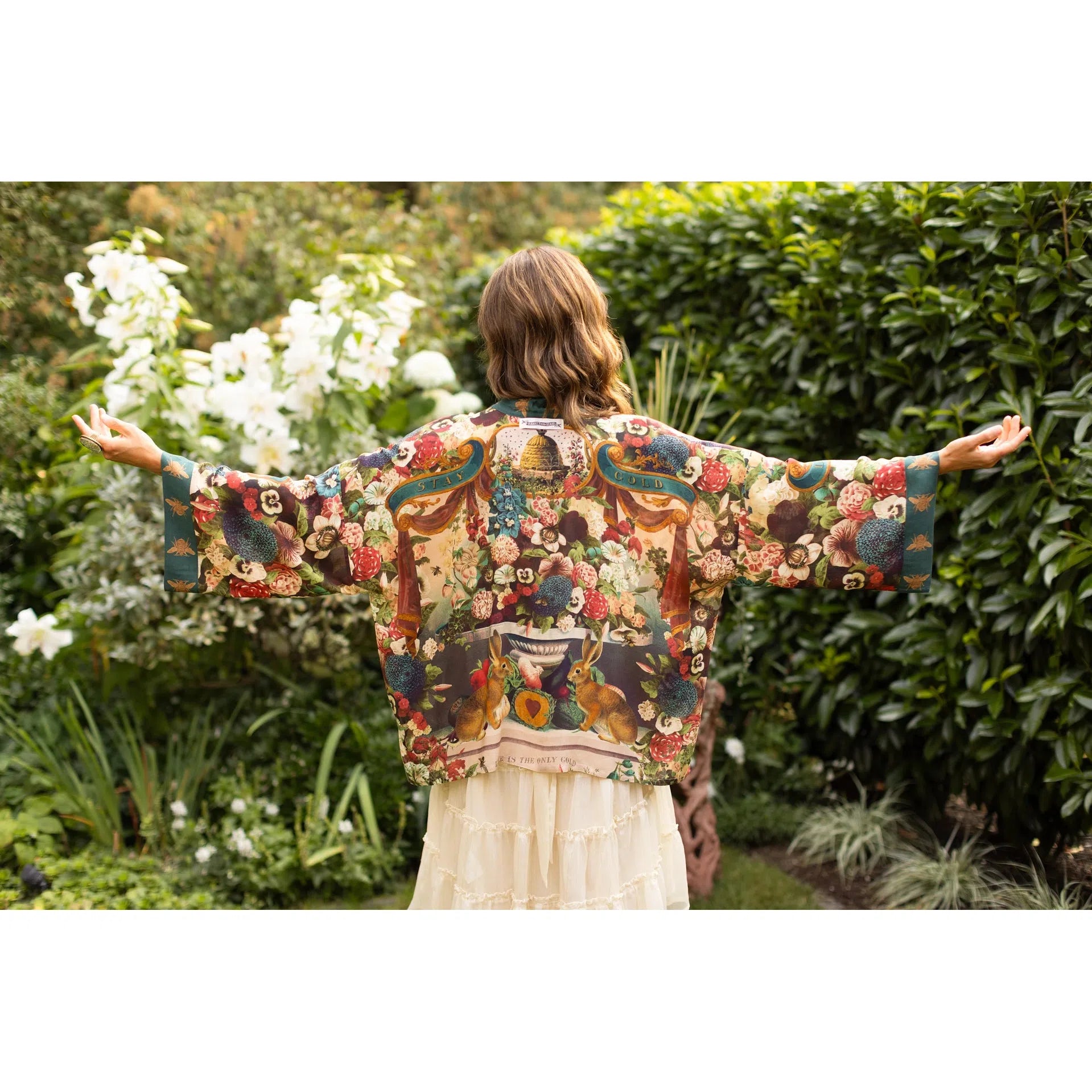 CROPPED KIMONO | STAY GOLD FLORAL W/ RABBIT & BEES-Scarves & Wraps-MARKET OF STARS-Coriander