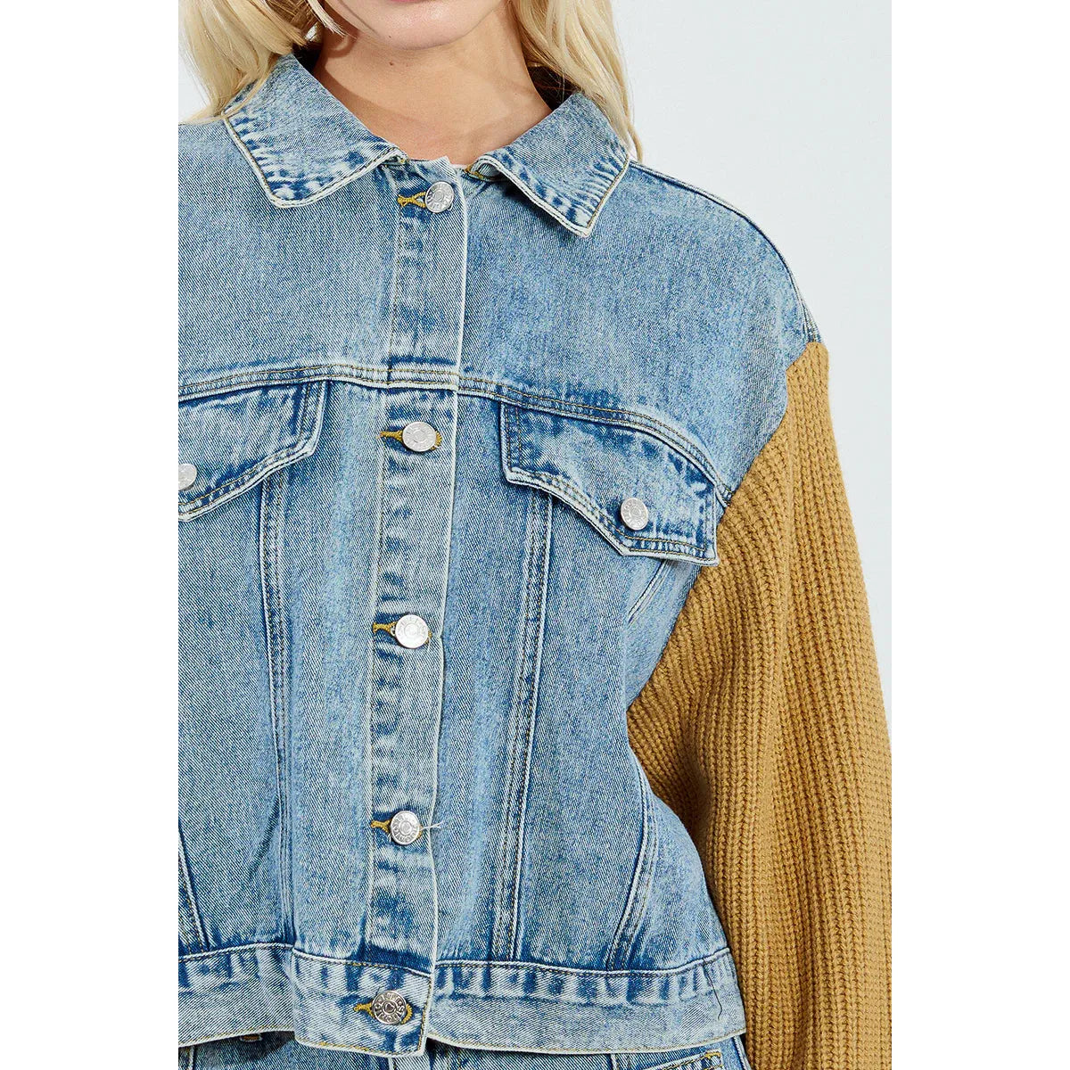 DENIM JACKET | KNIT SLEEVES-Uncategorised-MOLLY BRACKEN-Coriander