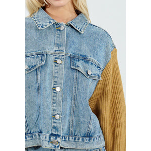 DENIM JACKET | KNIT SLEEVES-Uncategorised-MOLLY BRACKEN-Coriander