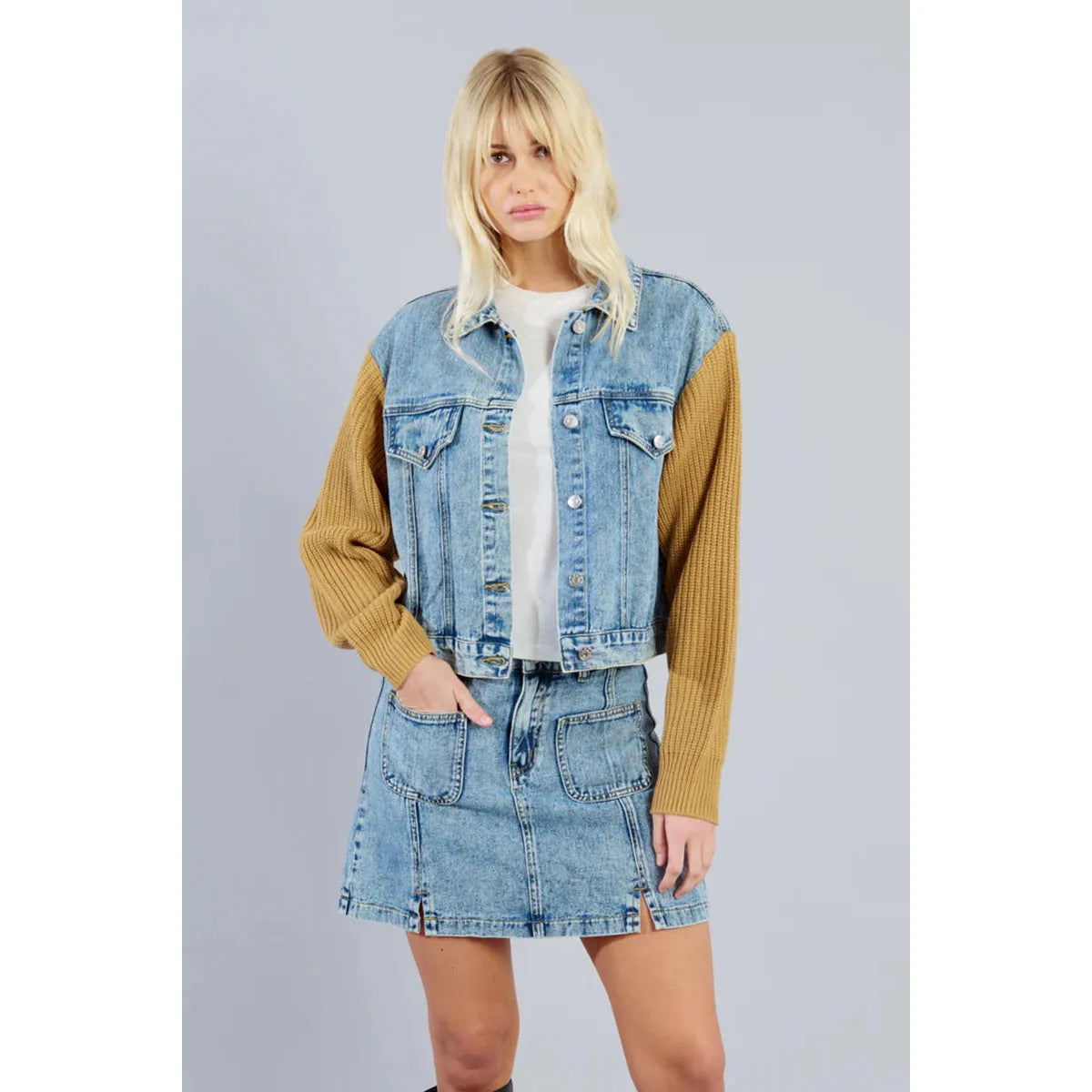 DENIM JACKET | KNIT SLEEVES-Uncategorised-MOLLY BRACKEN-Coriander