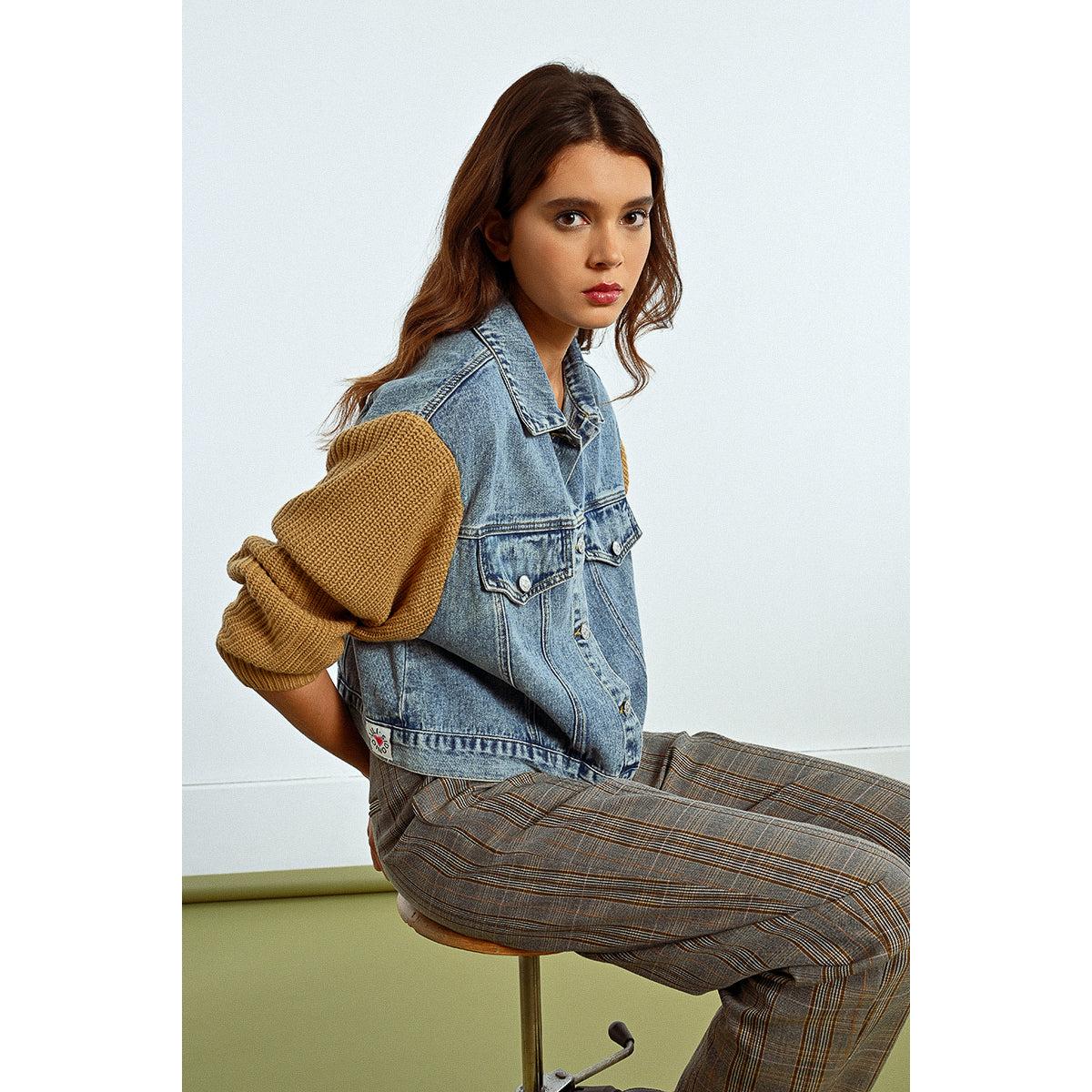 DENIM JACKET | KNIT SLEEVES-Uncategorised-MOLLY BRACKEN-Coriander