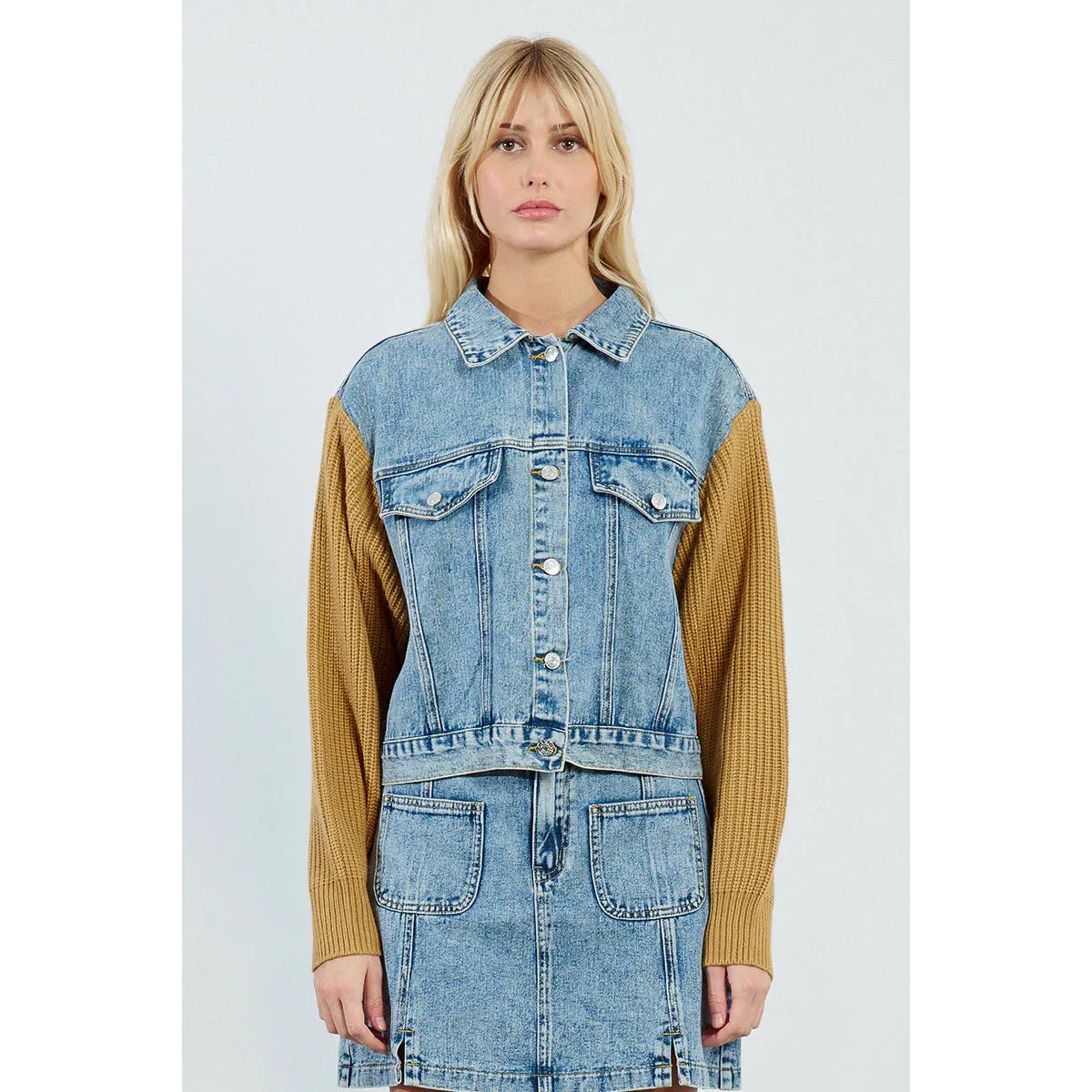 DENIM JACKET | KNIT SLEEVES-Uncategorised-MOLLY BRACKEN-XSMALL-DENIM BLUE-Coriander