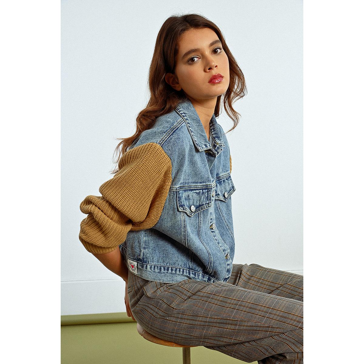 DENIM JACKET | KNIT SLEEVES-Uncategorised-MOLLY BRACKEN-Coriander