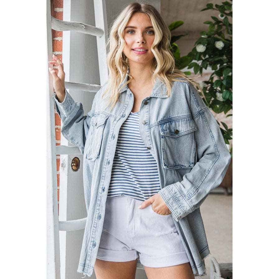 DENIM SHIRT WITH CARGO POCKET-Tops-VEVERET-Coriander