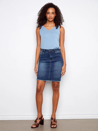 DENIM SKORT | FRAYED HEM-Bottoms-CHARLIE B-4-INDIGO-Coriander