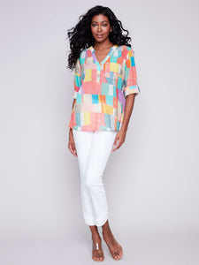 DIGITAL PRINT ROLL UP SLEEVE BLOUSE-Tops-CHARLIE B-Coriander