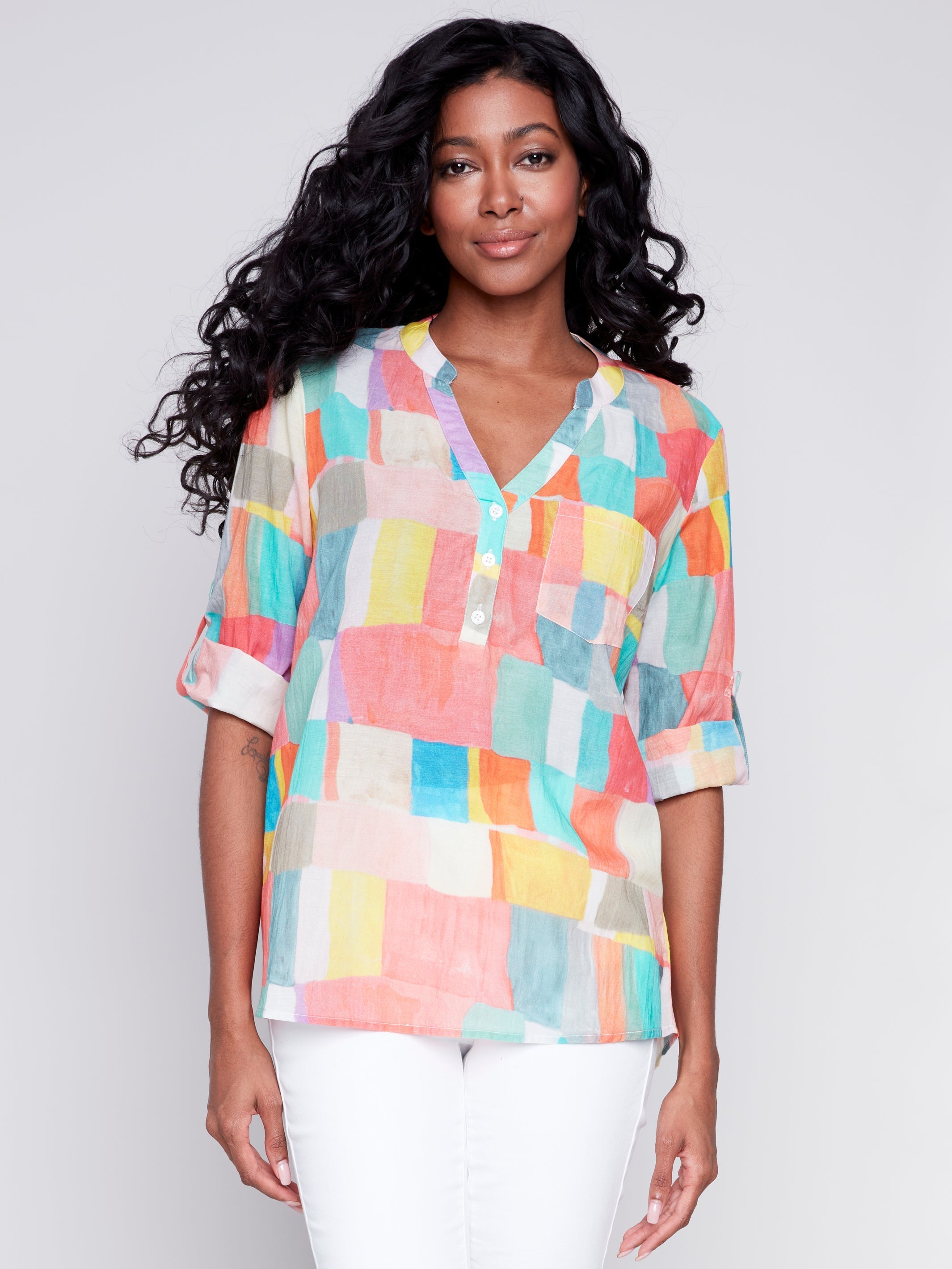 DIGITAL PRINT ROLL UP SLEEVE BLOUSE-Tops-CHARLIE B-SMALL-MOSAIC-Coriander