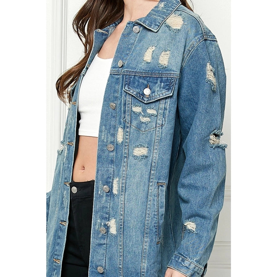 DISTRESSED BUTTON UP DENIM JACKET-Jackets & Sweaters-VEVERET-Coriander