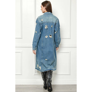 DISTRESSED BUTTON UP DENIM JACKET-Jackets & Sweaters-VEVERET-Coriander