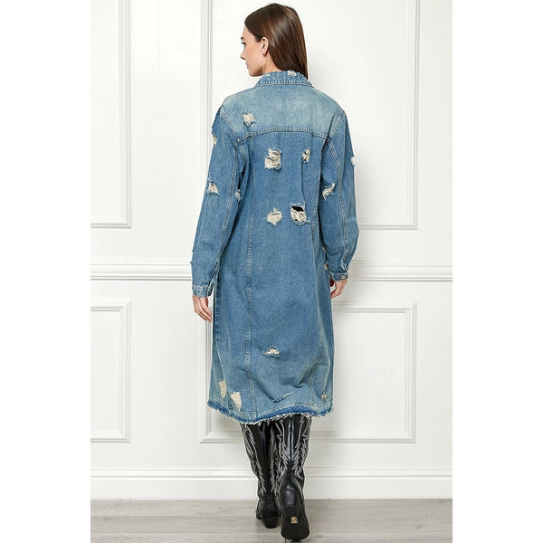 Distressed denim trench coat shop