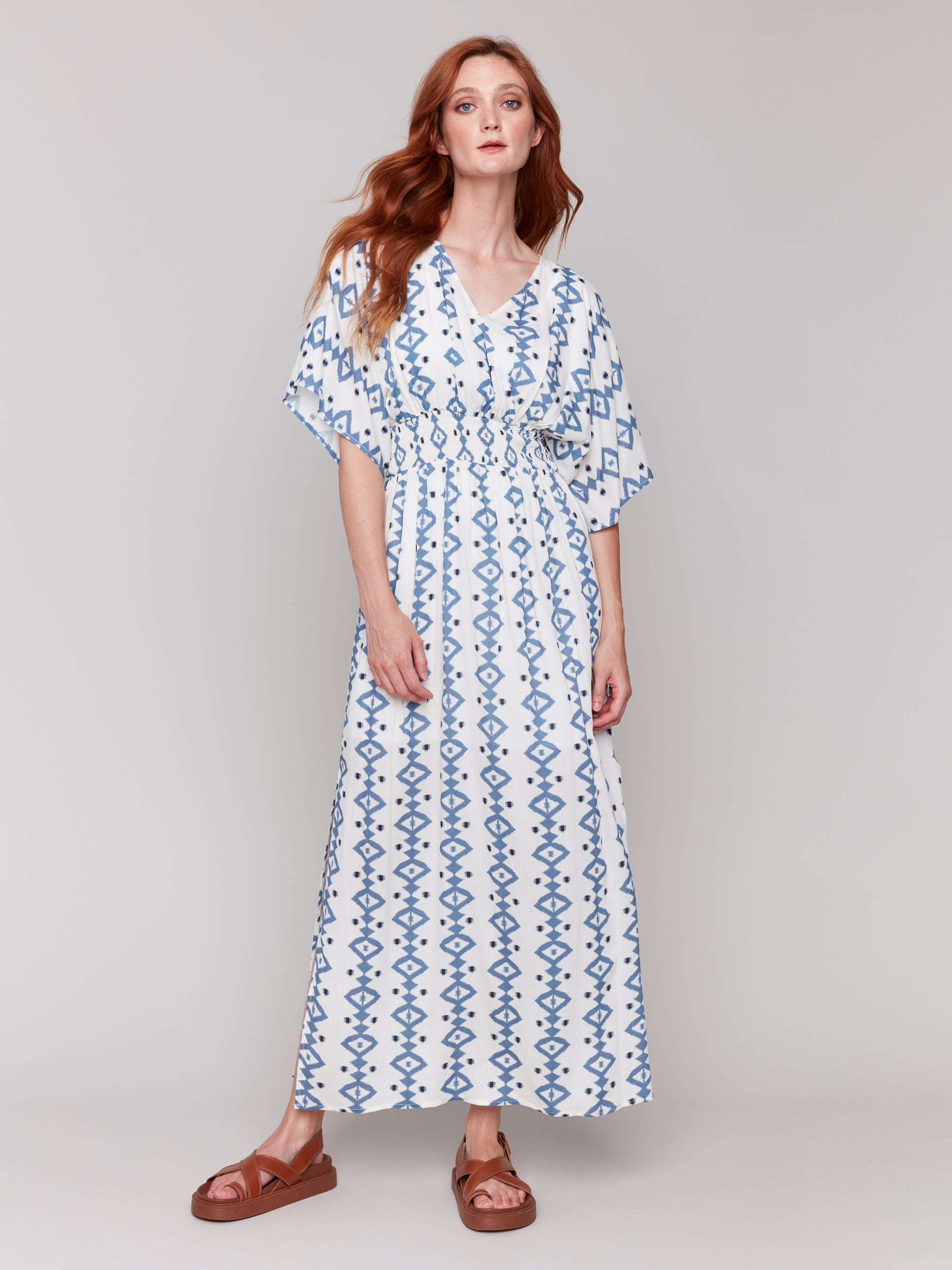 DOLMAN SHORT SLEEVE MAXI DRESS-Dress-CHARLIE B-XSMALL-GEO-Coriander