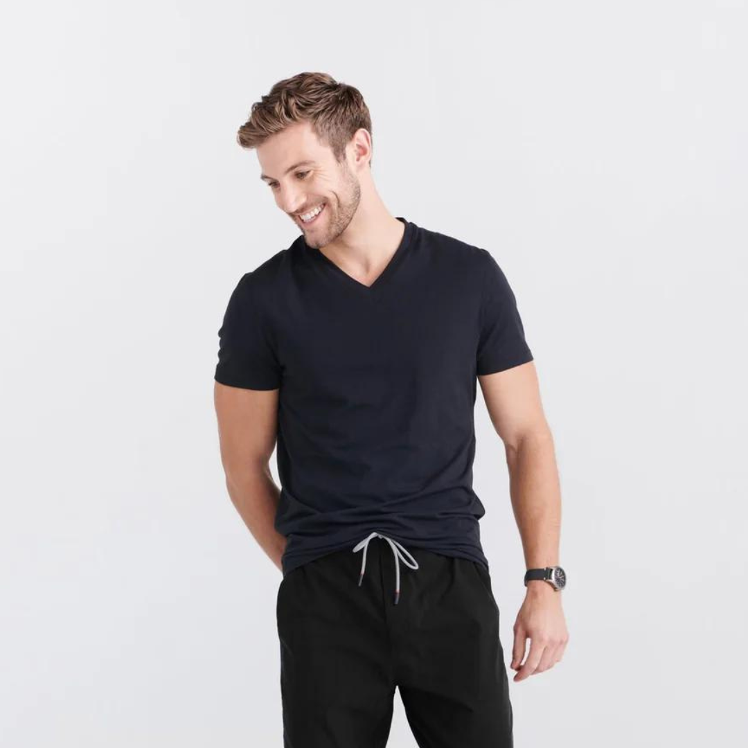 DROPTEMP COOL COTTON V-NECK - BLACK-Shirts & Tops-SAXX-SMALL-BLACK-Coriander