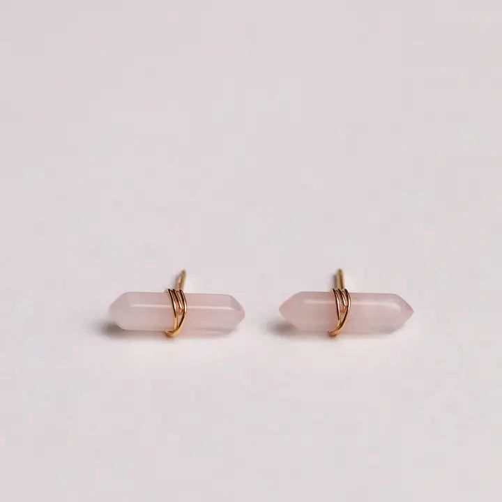 EARRINGS | ROSE QUARTZ WIRE WRAPPED STUDS-Jewellery-JAX KELLY-Coriander