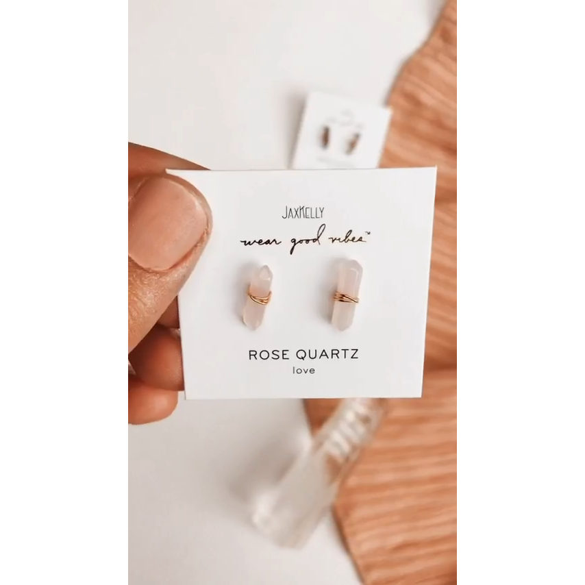 EARRINGS | ROSE QUARTZ WIRE WRAPPED STUDS-Jewellery-JAX KELLY-Coriander