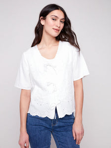 ELBOW SLEEVE V-NECK BLOUSE-Tops-CHARLIE B-SMALL-WHITE-Coriander