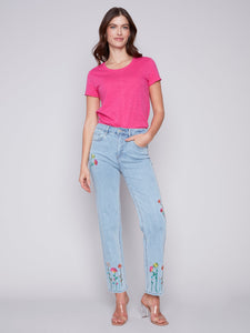 EMBROIDERED DENIM PANT-Denim-CHARLIE B-Coriander