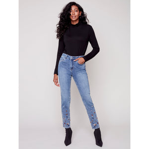 EMBROIDERED SLIM PANT-Denim-CHARLIE B-Coriander