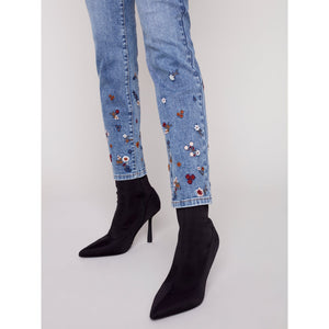 EMBROIDERED SLIM PANT-Denim-CHARLIE B-Coriander