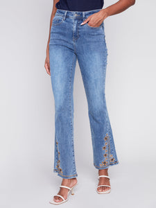 EMBROIDERED SLIT AT FRONT DENIM PANT-Denim-CHARLIE B-2-MEDIUM BLUE-Coriander