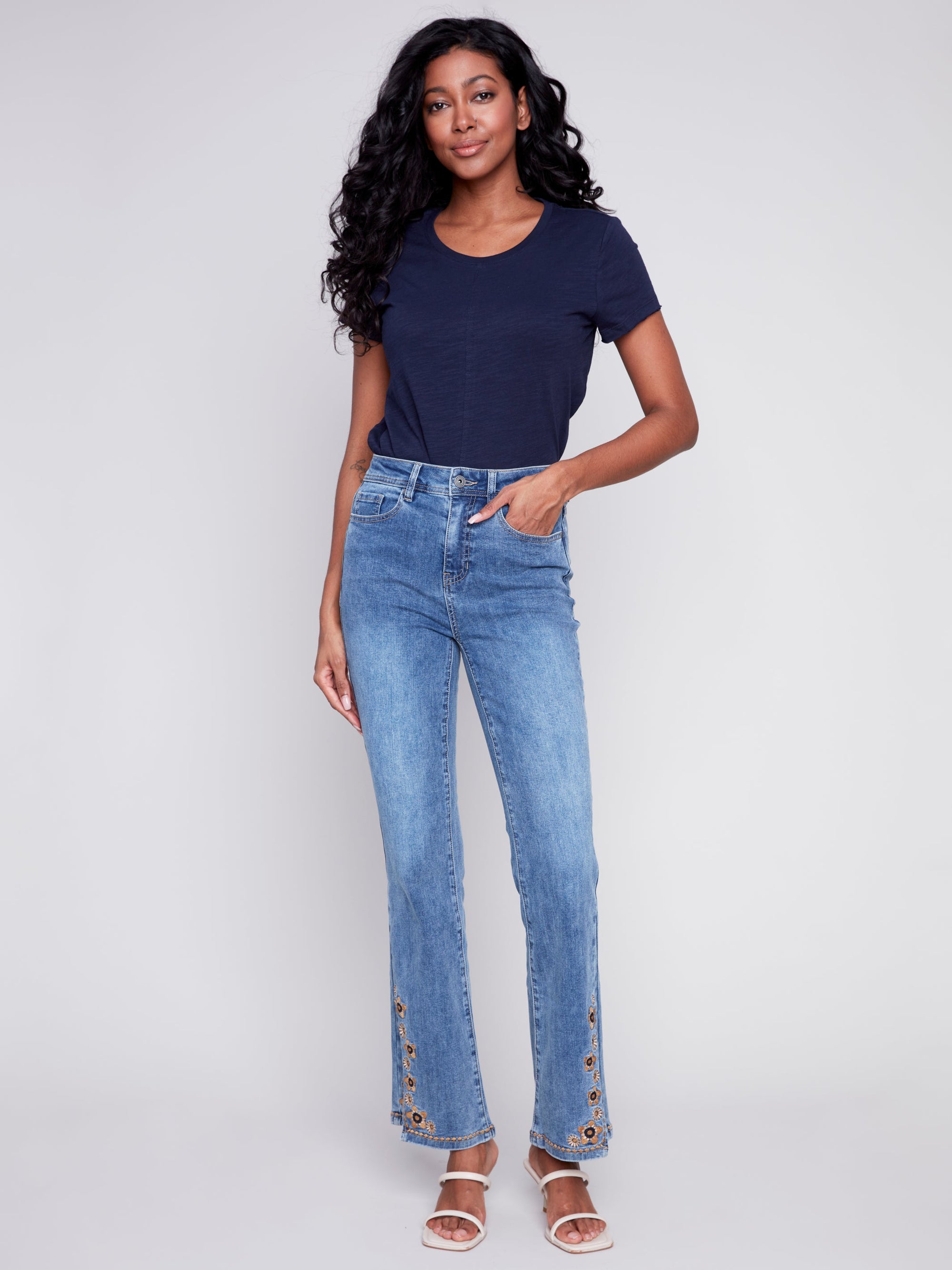 EMBROIDERED SLIT AT FRONT DENIM PANT-Denim-CHARLIE B-Coriander