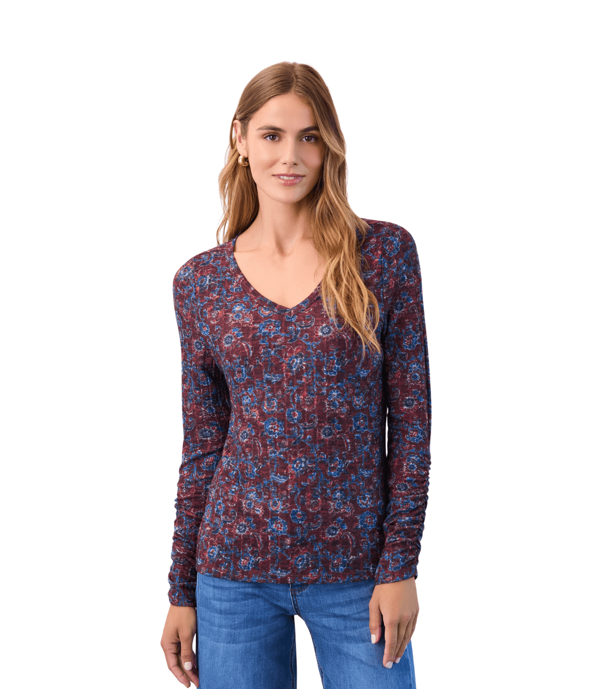 FDJ L/S TOP | V-NECK: SCARLET CRESTFLORAL-Tops-FRENCH DRESSING JEANS-XSMALL-SCARLET CRESTFLORAL-Coriander
