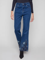 FLARE STRETCH DENIM | FLOWER/LACE EMBROIDERY-Denim-CHARLIE B-4-INDIGO-Coriander