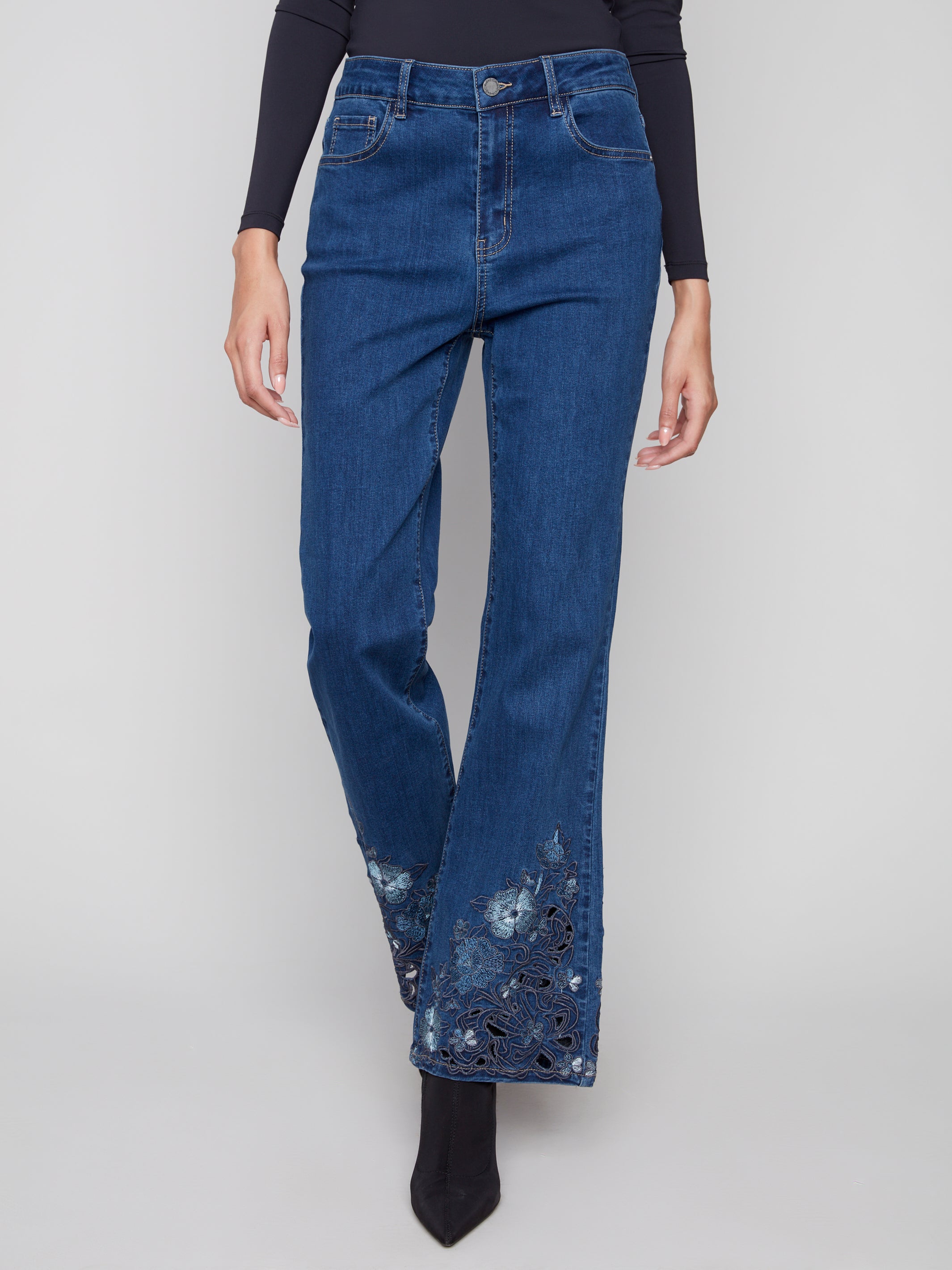 FLARE STRETCH DENIM | FLOWER/LACE EMBROIDERY-Denim-CHARLIE B-4-INDIGO-Coriander
