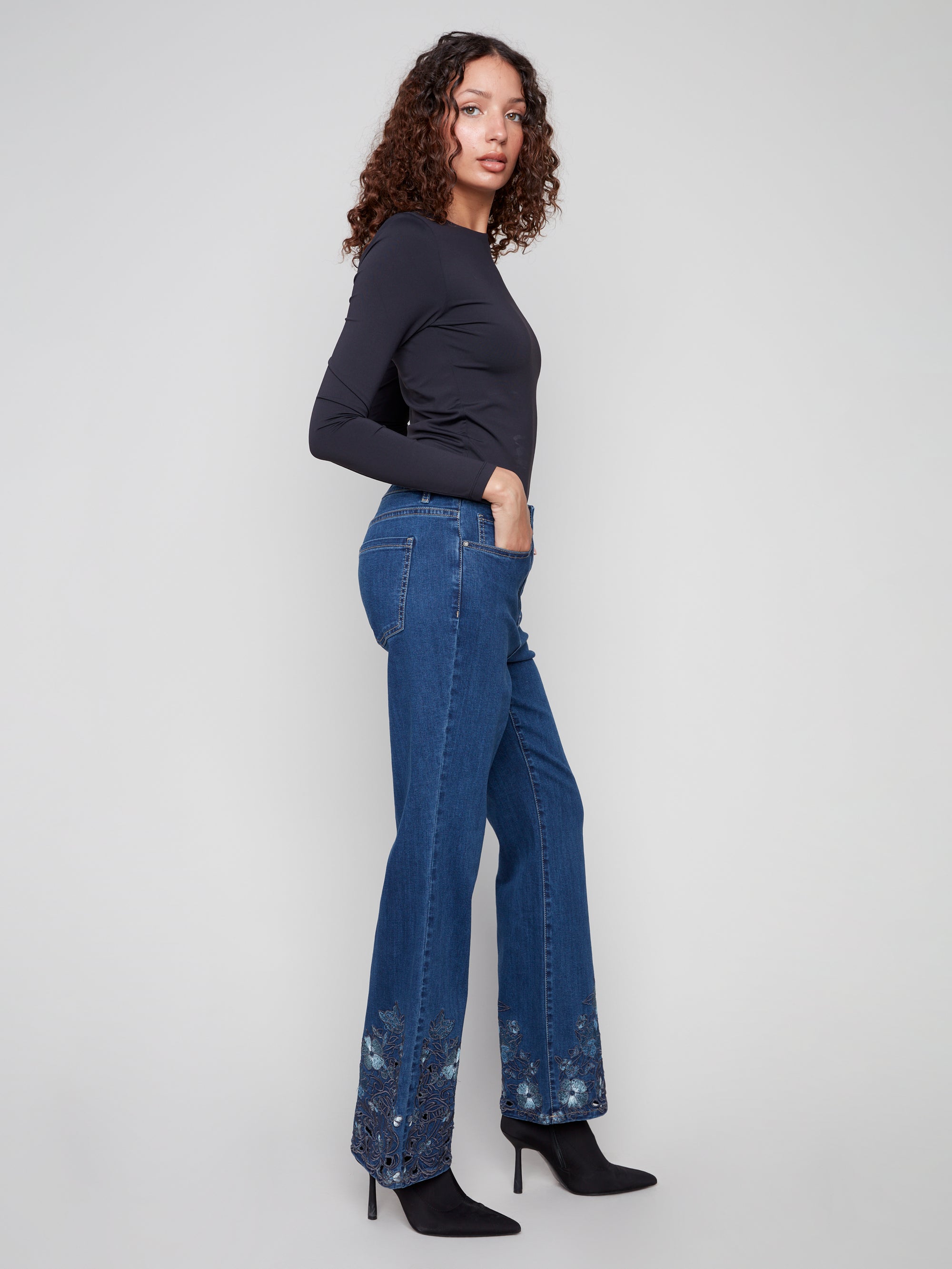 FLARE STRETCH DENIM | FLOWER/LACE EMBROIDERY-Denim-CHARLIE B-Coriander