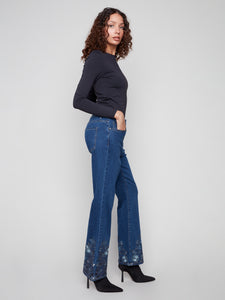 FLARE STRETCH DENIM | FLOWER/LACE EMBROIDERY-Denim-CHARLIE B-Coriander