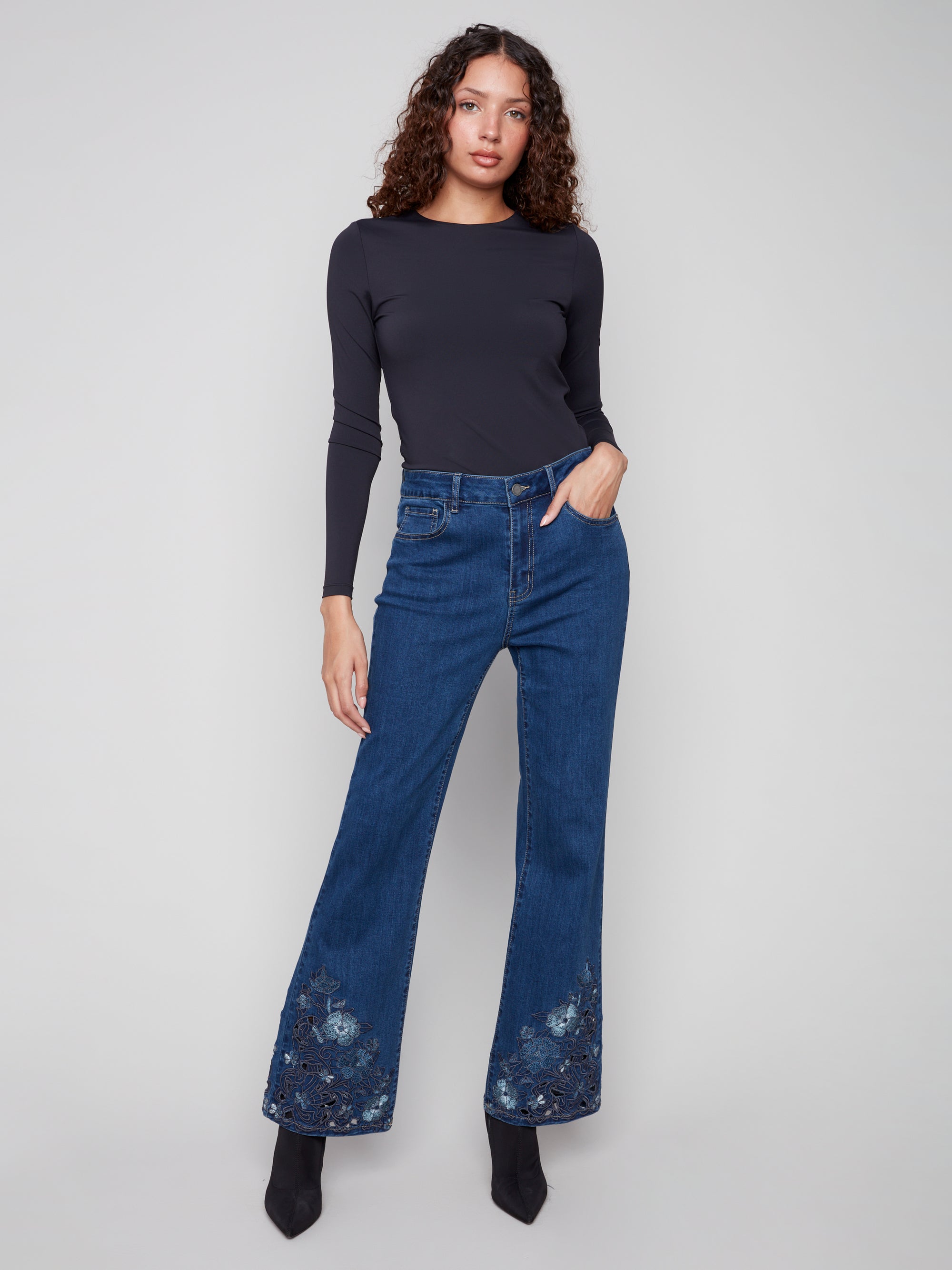 FLARE STRETCH DENIM | FLOWER/LACE EMBROIDERY-Denim-CHARLIE B-Coriander