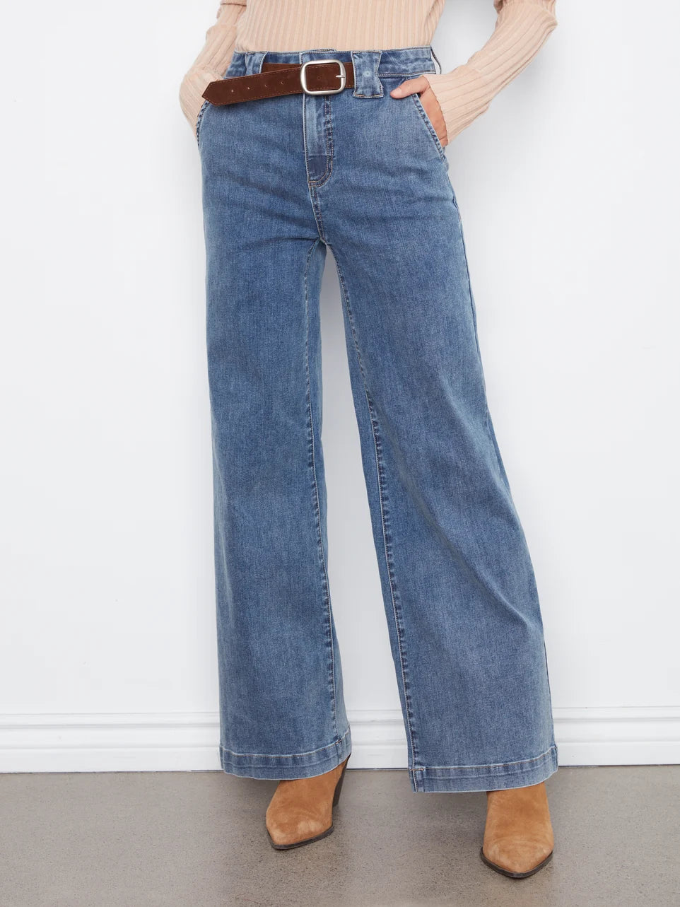 FLARE WIDE LEG JEANS | REMOVABLE BELT-Denim-CHARLIE B-Coriander