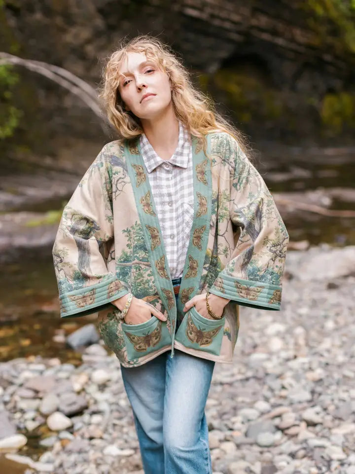 FLEECE COTTAGE CARDIGAN KIMONO JACKET | EARTH & SKY with TREES-Jackets & Sweaters-MARKET OF STARS-Coriander