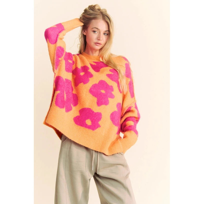 FLORAL CREW PULLOVER-Jackets & Sweaters-DAVI & DANI-SMALL-TAUPE-MINT-Coriander