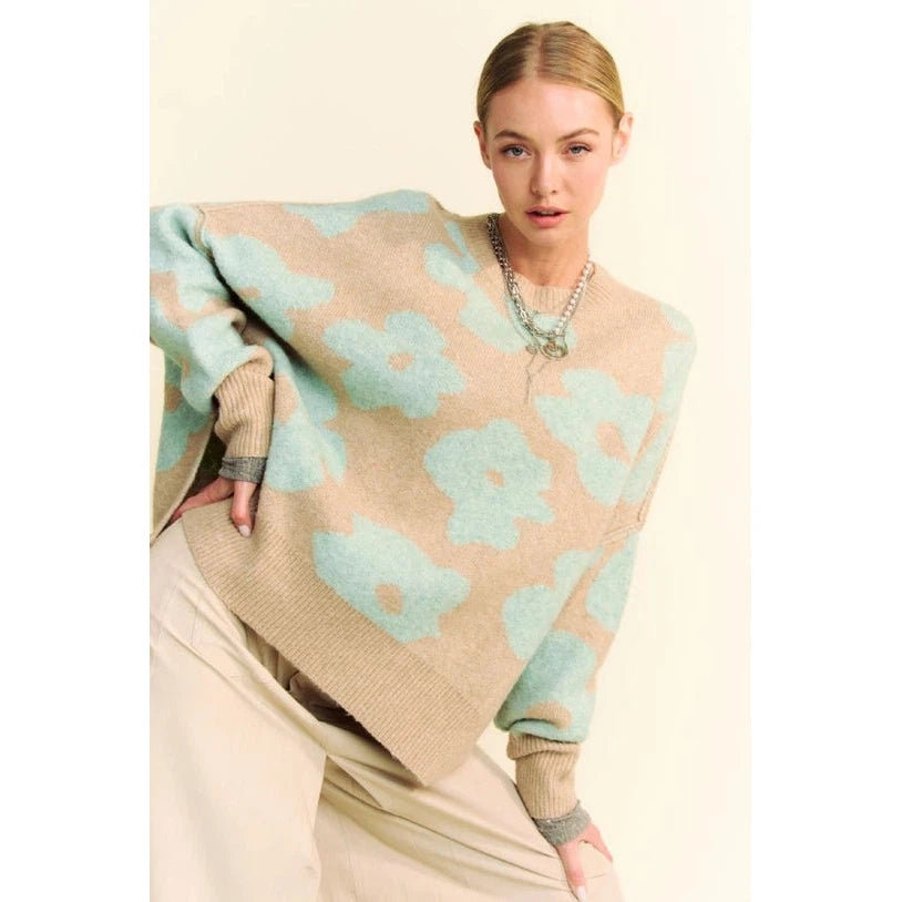 FLORAL CREW PULLOVER-Jackets & Sweaters-DAVI & DANI-SMALL-TAUPE-MINT-Coriander