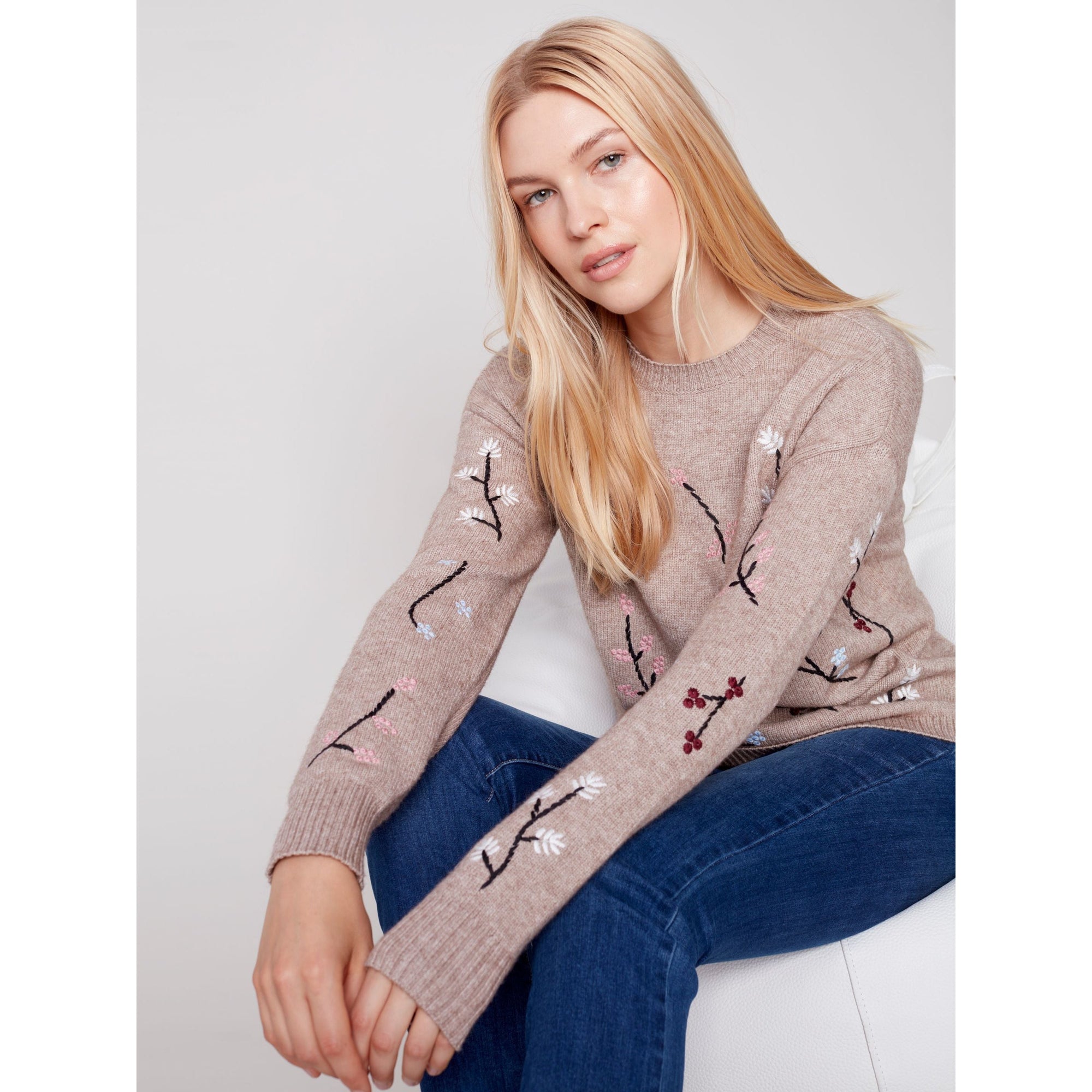 FLORAL EMBROIDERY CREW NECK SWEATER-Jackets & Sweaters-CHARLIE B-Coriander