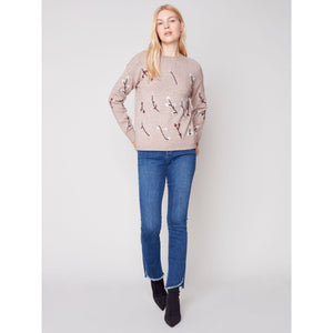 FLORAL EMBROIDERY CREW NECK SWEATER-Jackets & Sweaters-CHARLIE B-Coriander