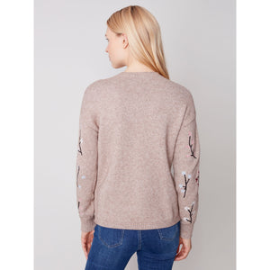 FLORAL EMBROIDERY CREW NECK SWEATER-Jackets & Sweaters-CHARLIE B-Coriander