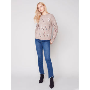 FLORAL EMBROIDERY CREW NECK SWEATER-Jackets & Sweaters-CHARLIE B-Coriander