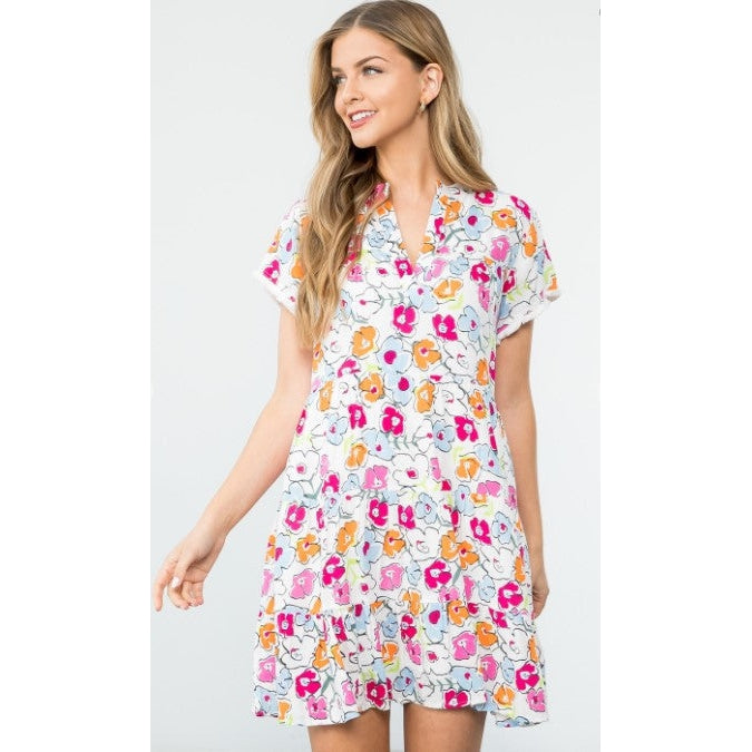 FLORAL SHORT SLEEVE DRESS-Dress-THML CLOTHING-XSMALL-WHITE-Coriander