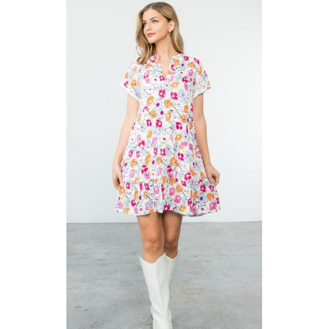 FLORAL SHORT SLEEVE DRESS-Dress-THML CLOTHING-XSMALL-WHITE-Coriander