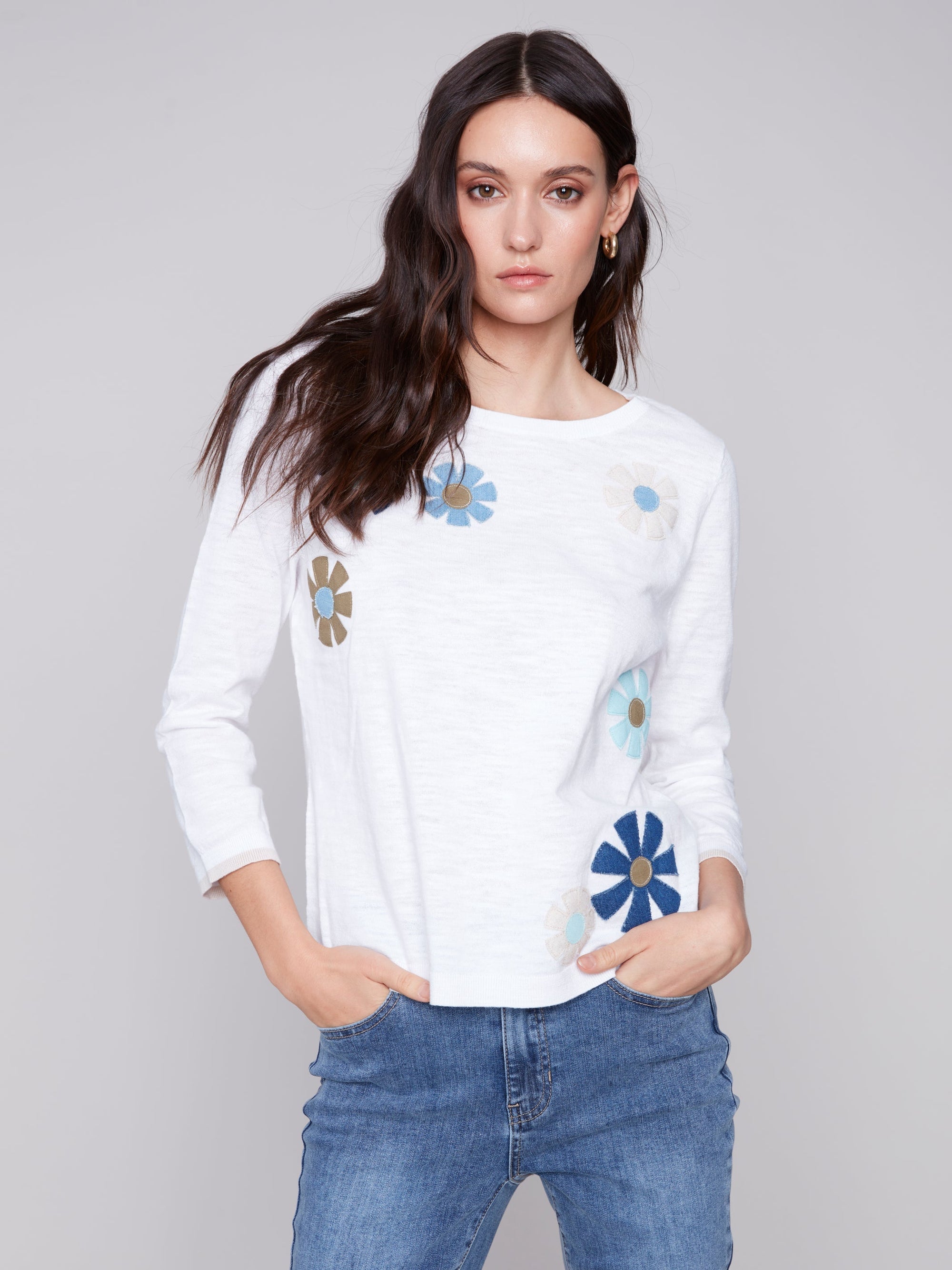 FLOWER POWER 3/4 SLEEVE SWEATER-Jackets & Sweaters-CHARLIE B-SMALL-WHITE-Coriander