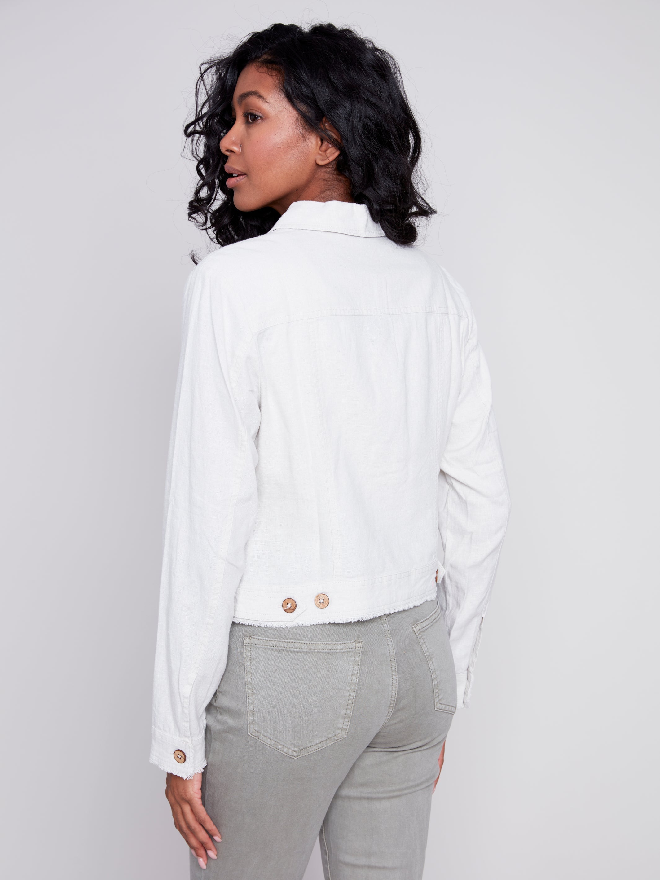 FRAYED EDGE LINEN JACKET-Jackets & Sweaters-CHARLIE B-Coriander